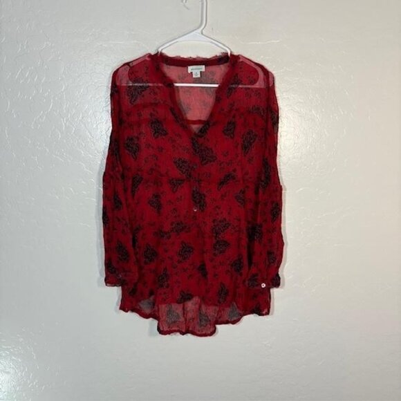 Sundance Blouse Womens Medium Red Black Floral Semi Sheer Crinkle Boho Tunic - Picture 1 of 7